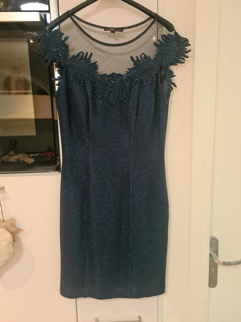ASHWI PARIS gala jurk donkerblauw met borduursels, Kleding | Dames, Maat 38/40 (M), Blauw, Ophalen of Verzenden, Zo goed als nieuw