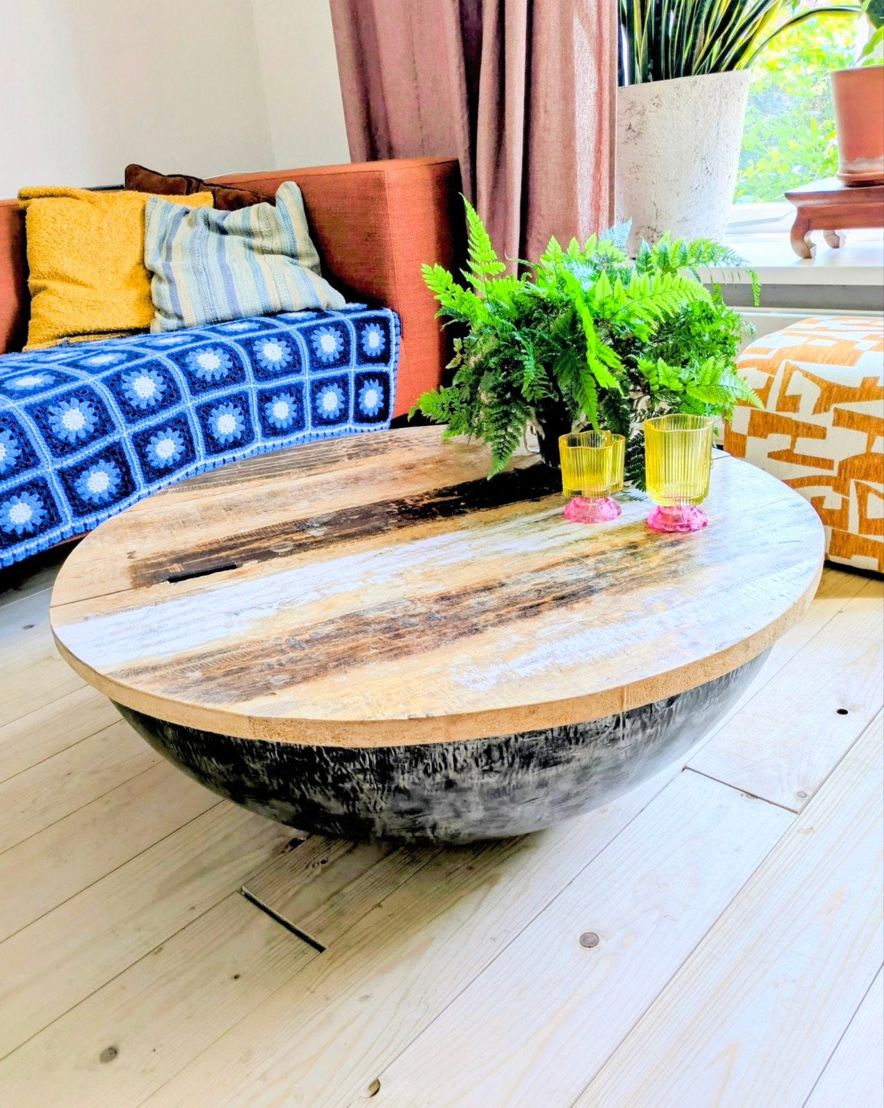 Salontafel mangohout schaal Industrieel, Ophalen, Gebruikt, 100 tot 150 cm, Rond