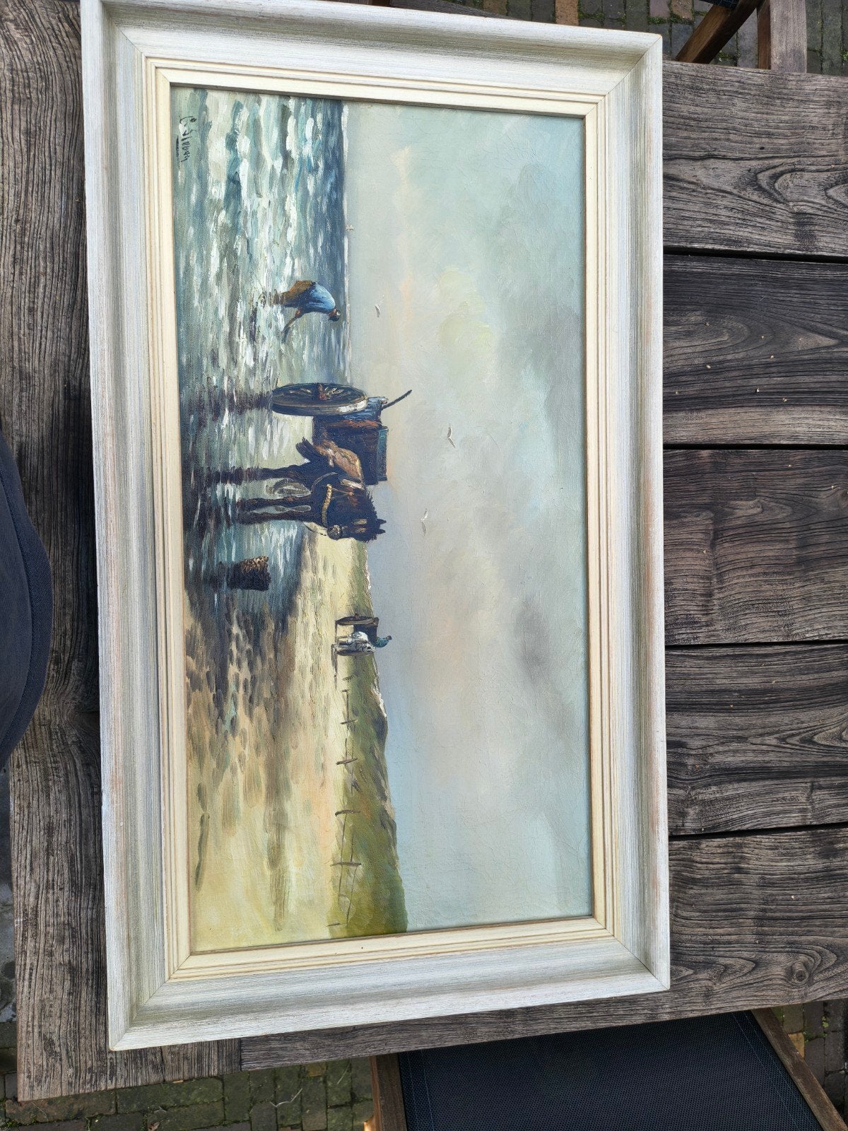 Olieverf Schilderij Strandgezicht met Paard en Kar, Antiek en Kunst, Maritiem / water, Handgeschilderd, Doek, Ophalen of Verzenden