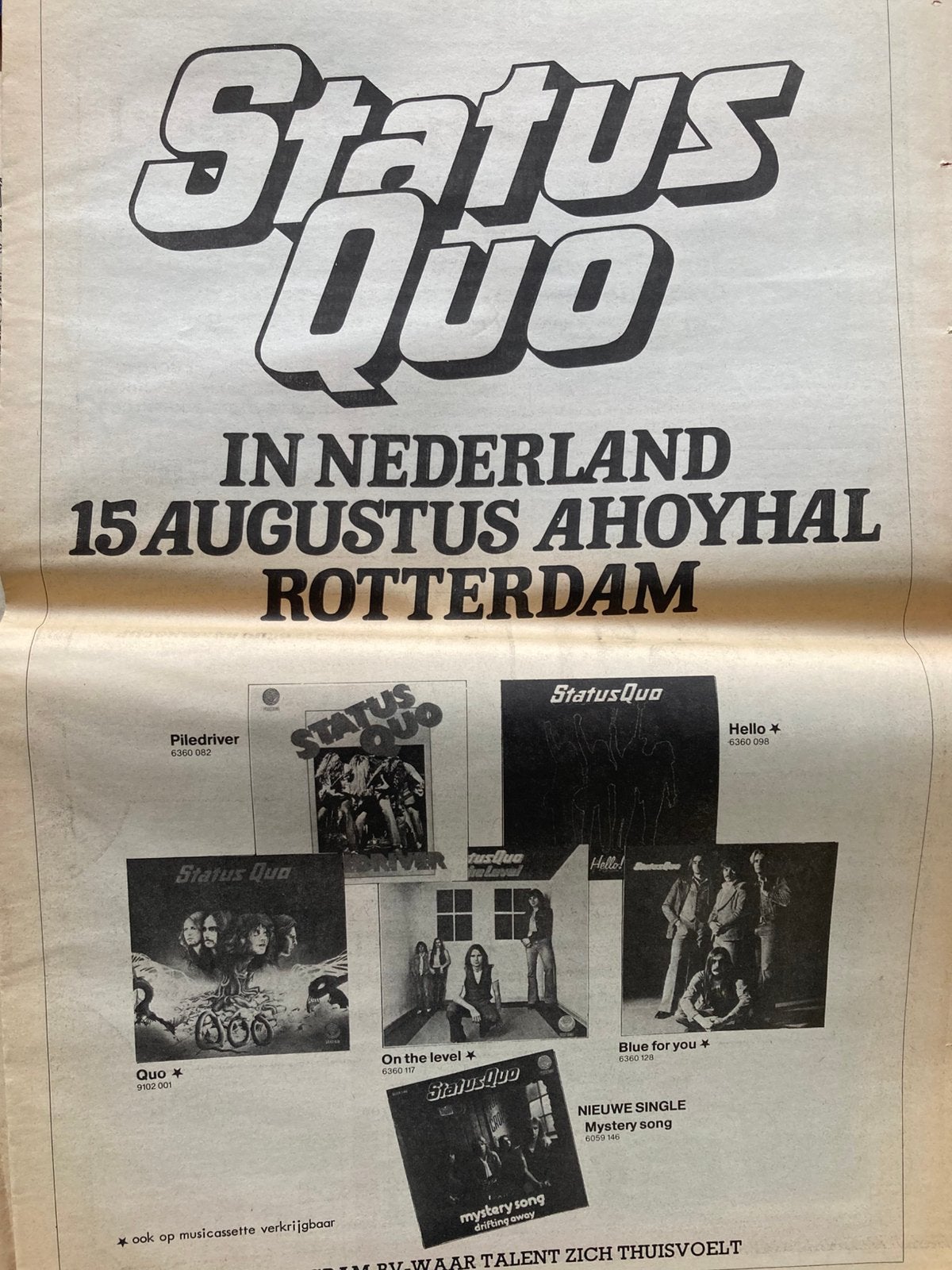 Paginagrote A3 advertentie STATUS QUO Live Ahoy, Ophalen of Verzenden, Gebruikt