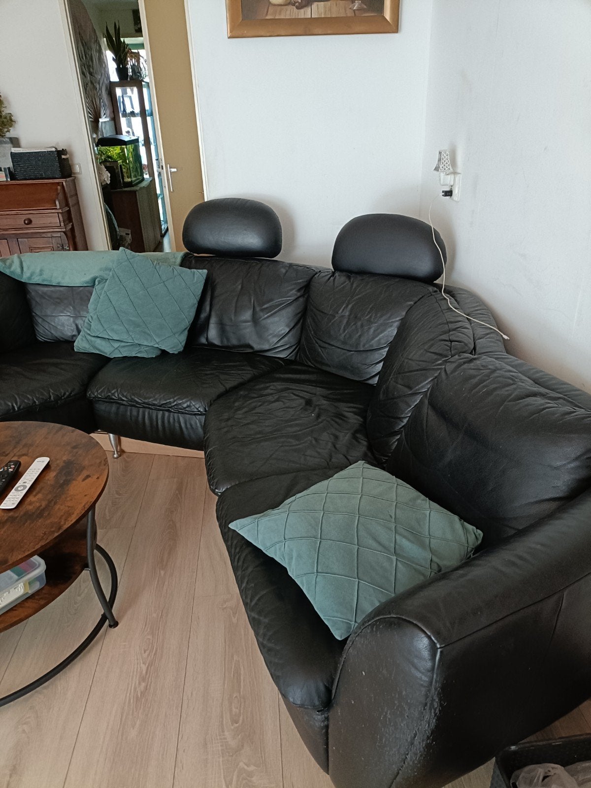 Zwarte Leren Hoekbank met Chaise Longue, 250 tot 300 cm, Gebruikt, 125 tot 150 cm, Hoekbank