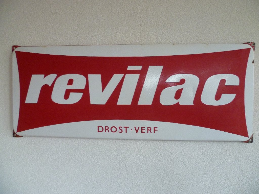 EMAILLE RECLAMEBORD"REVILAC DROST VERF"UIT JAREN 60, Verzamelen, Ophalen of Verzenden, Gebruikt, Reclamebord