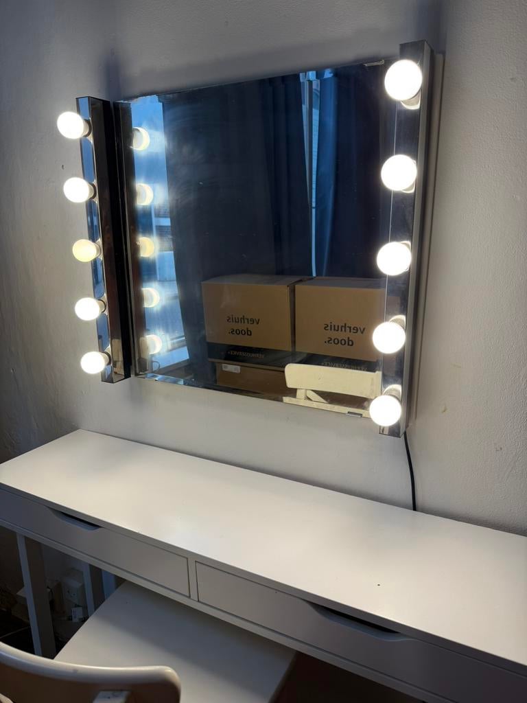 Hollywood spiegel met kaptafel + stoel set, Ophalen of Verzenden, Zo goed als nieuw, 100 tot 150 cm, Minder dan 100 cm