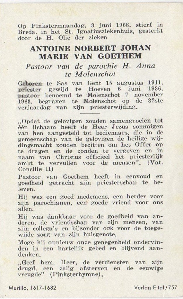 pastoor Ant. van Goethem 1911 Sas van Gent + 1963 Molenschot, Verzamelen, Verzenden