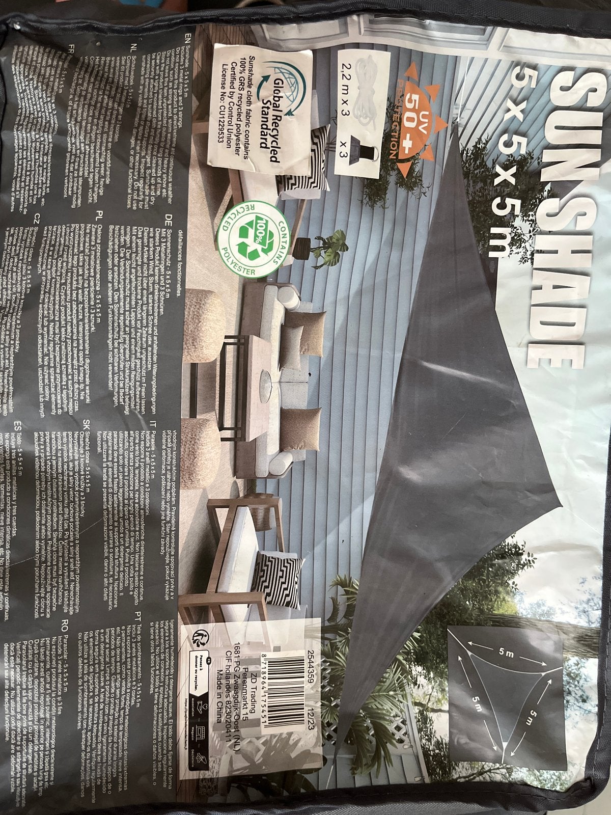 Zonnescherm 5x5x5m UV50+, Tuin en Terras, Schaduwdoeken, Ophalen, Zo goed als nieuw