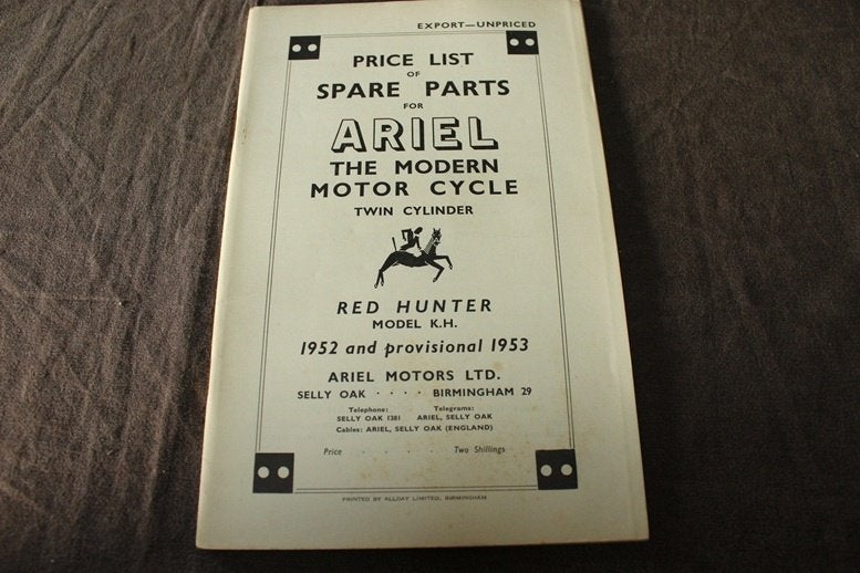 Ariel 1952/1953 500cc twin Red Hunter motorcycle parts list, Motoren, Handleidingen en Instructieboekjes, Ophalen of Verzenden