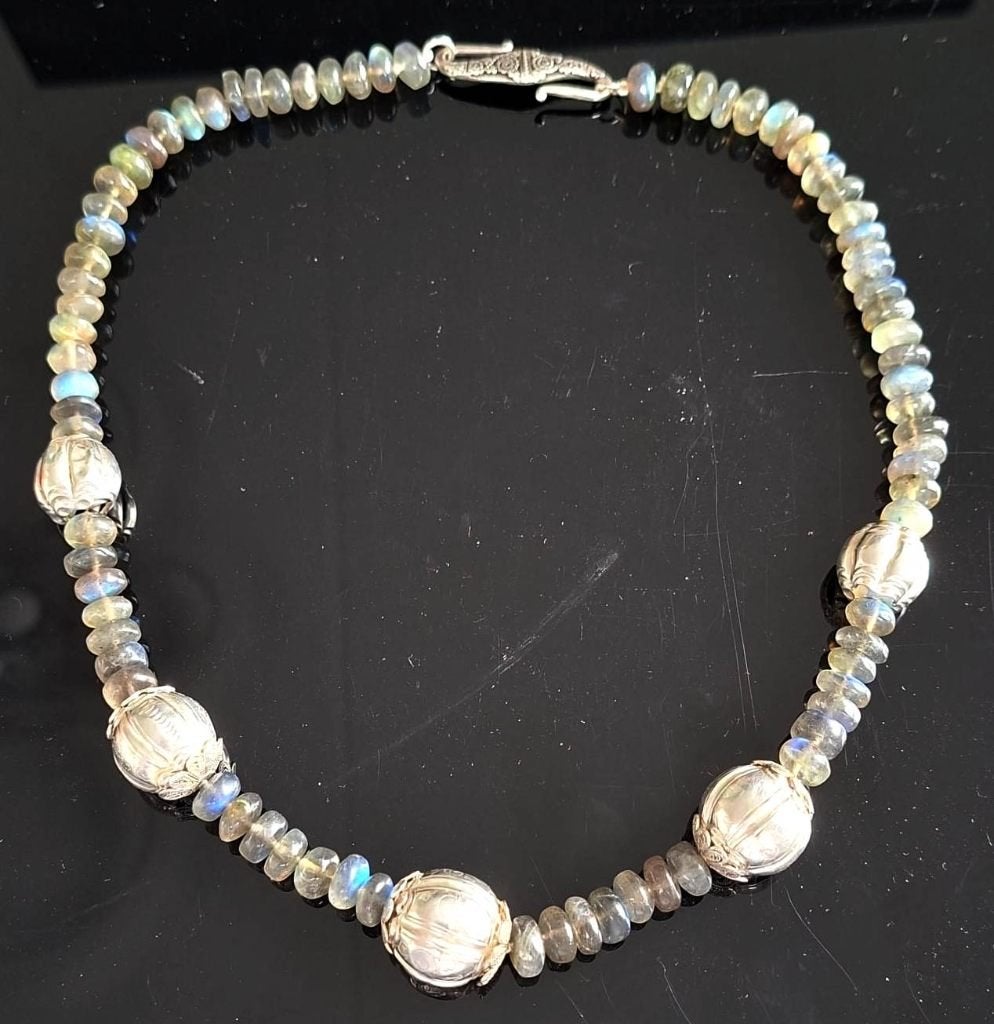 Antieke Echte Zilveren Kralen & Labradoriet Ketting 50 CM, Sieraden, Tassen en Uiterlijk, Antieke sieraden, Ophalen of Verzenden