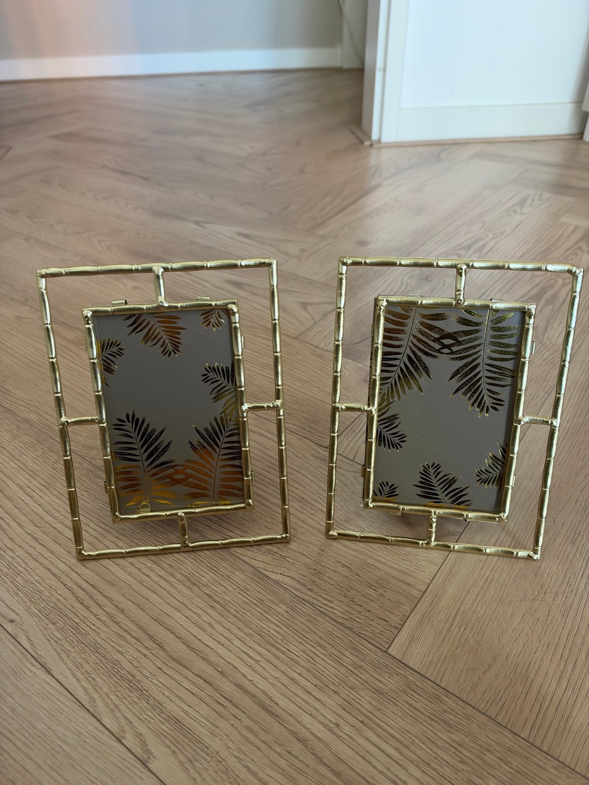 Set van 2 gouden fotolijstjes met bamboe-look, Ophalen of Verzenden, Zo goed als nieuw, Fotolijst, Goud