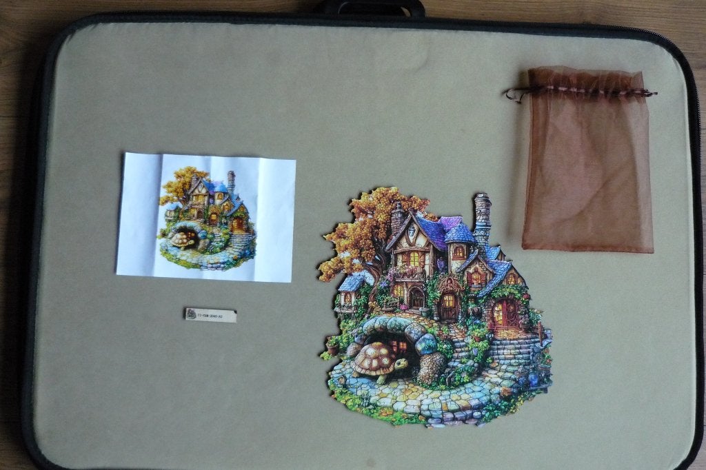 Houten puzzel (A3) '' SCHILDPAD & HUIS '' + poster 148 st., Ophalen, Minder dan 500 stukjes, Zo goed als nieuw, Legpuzzel