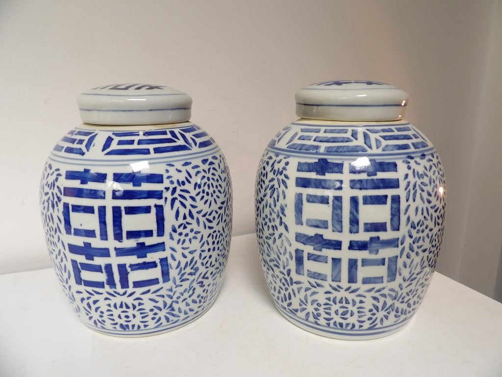 Chinese Set grote Gember Potten, blauw/wit