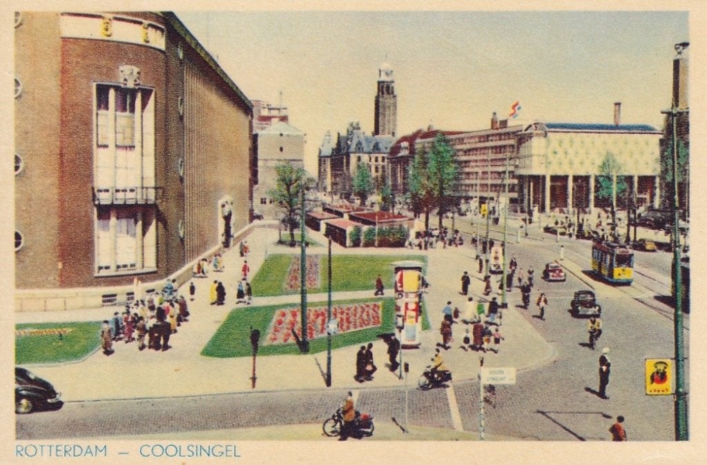 747Y Rotterdam panorama Coolsingel Rott. Bank, Beurs, agent, Ophalen of Verzenden, 1940 tot 1960, Gelopen, Zuid-Holland