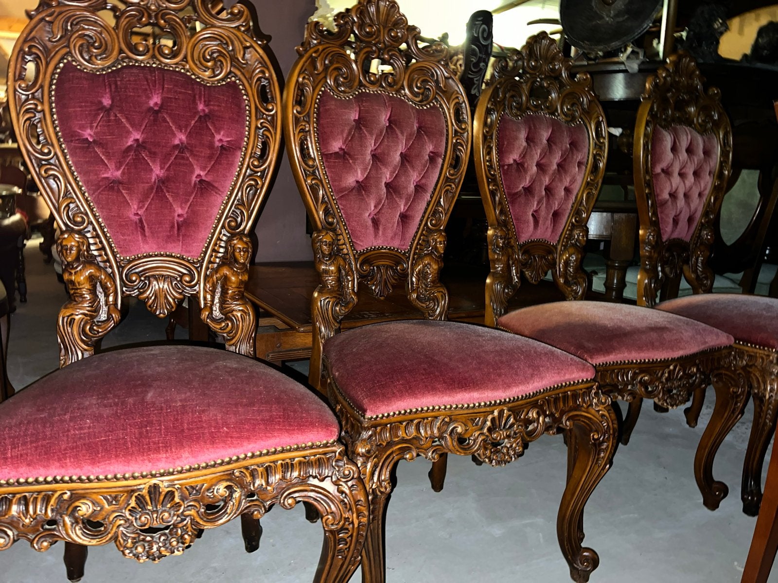 Set van 4 Barok Eetkamerstoelen - Rood Fluweel, Ophalen of Verzenden