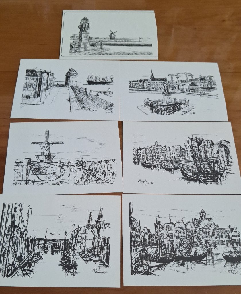 Vlissingen ansichtkaart 7 tekeningen 1968, Verzamelen, Ansichtkaarten | Nederland, Ophalen of Verzenden, 1960 tot 1980, Zeeland