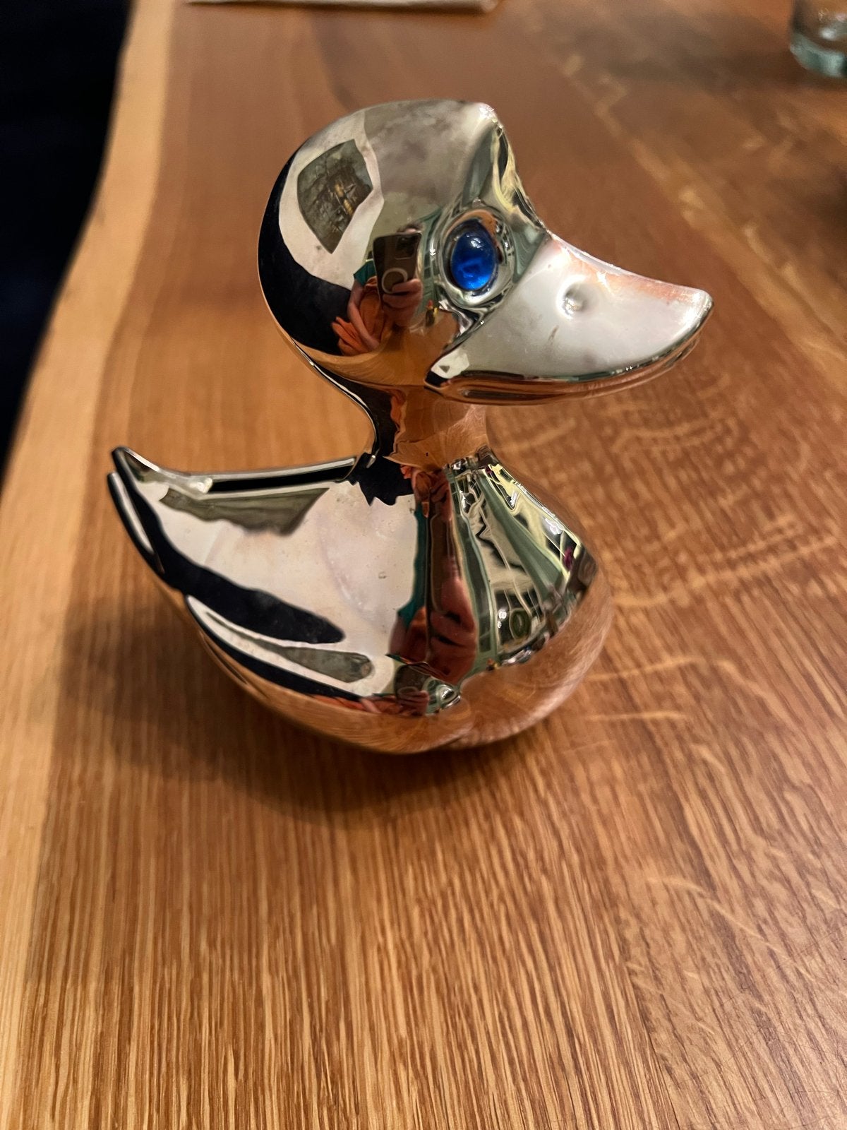 Vintage verzilverde spaarpot eend met blauwe ogen, Ophalen of Verzenden