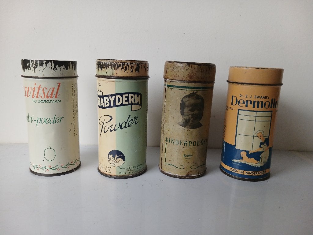 VINTAGE !!!! 4 bussen babypoeder : Zwitsal , Babyderm en .., Verzenden, Gebruikt, Toebehoren, Gevuld