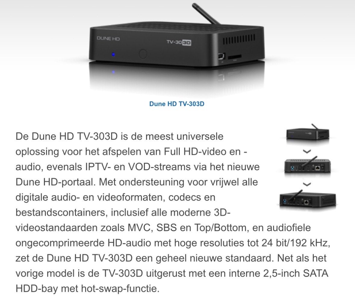 Dune HD TV-303D Netwerk Mediaspeler met HDMI, Ophalen of Verzenden, Gebruikt, HDMI, Zonder harde schijf
