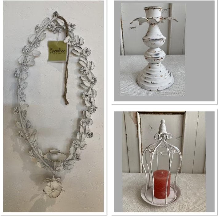 Brocante metalen kandelaars / 1x hangkandelaar - 1x stolpje, Ophalen of Verzenden