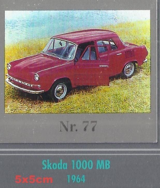 Vp74 verzamelplaatje 77 skoda 1000 mb -1964 -- 5 cm x 5cm, Ophalen of Verzenden, Zo goed als nieuw, Auto's