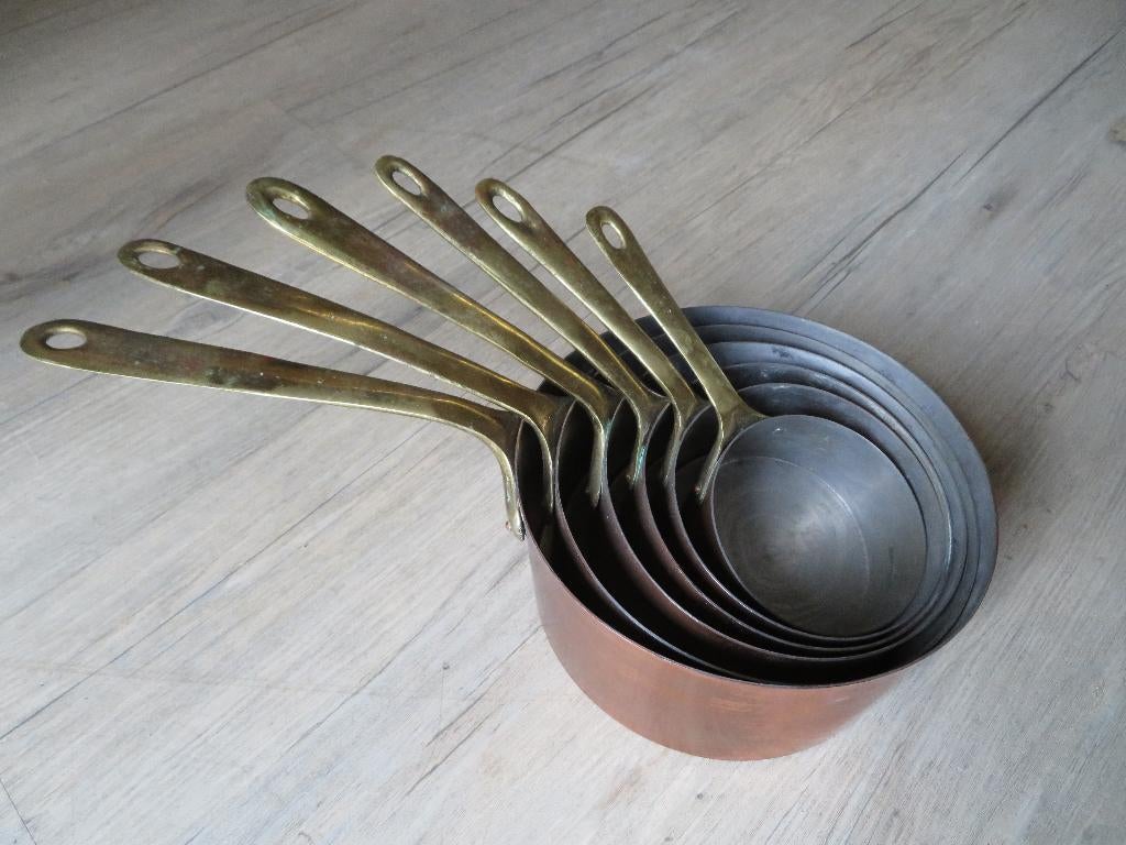 Oude Franse koperen pannenset, Ophalen of Verzenden