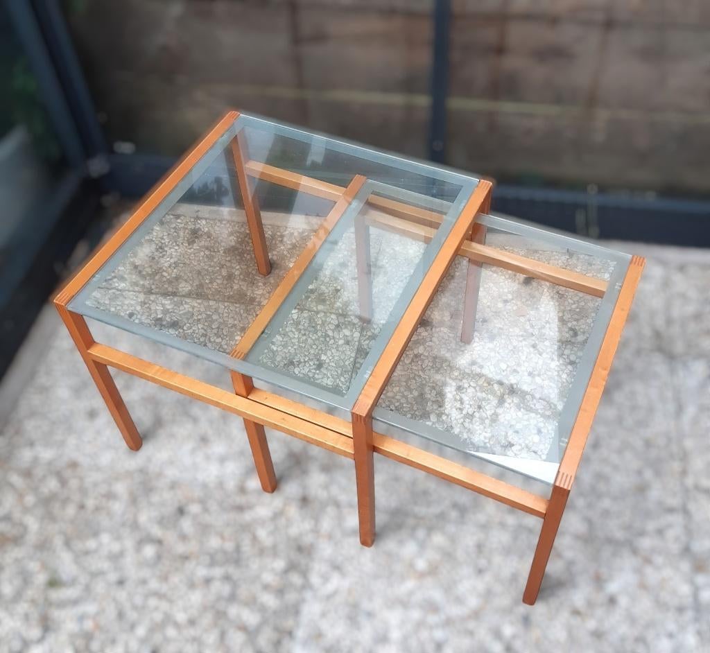 Italiaans design bijzettafel set mimiset, teakhout, glas 80s, Minder dan 45 cm, Minder dan 55 cm, Gebruikt, Italiaans design 1980s