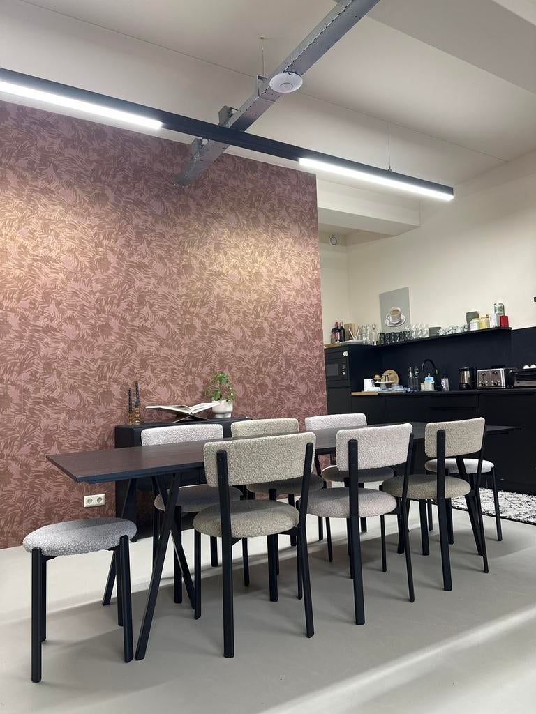 Moderne eettafel met stoelen (l)250x(b)90x(h)74, Huis en Inrichting, Ophalen, Gebruikt, Eikenhout, 200 cm of meer