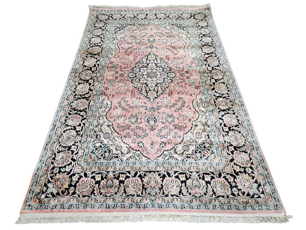 Handmade oosters zijde Kashmir tapijt medallion 135x217cm, Crème, Gebruikt, 100 tot 150 cm, Onbekend