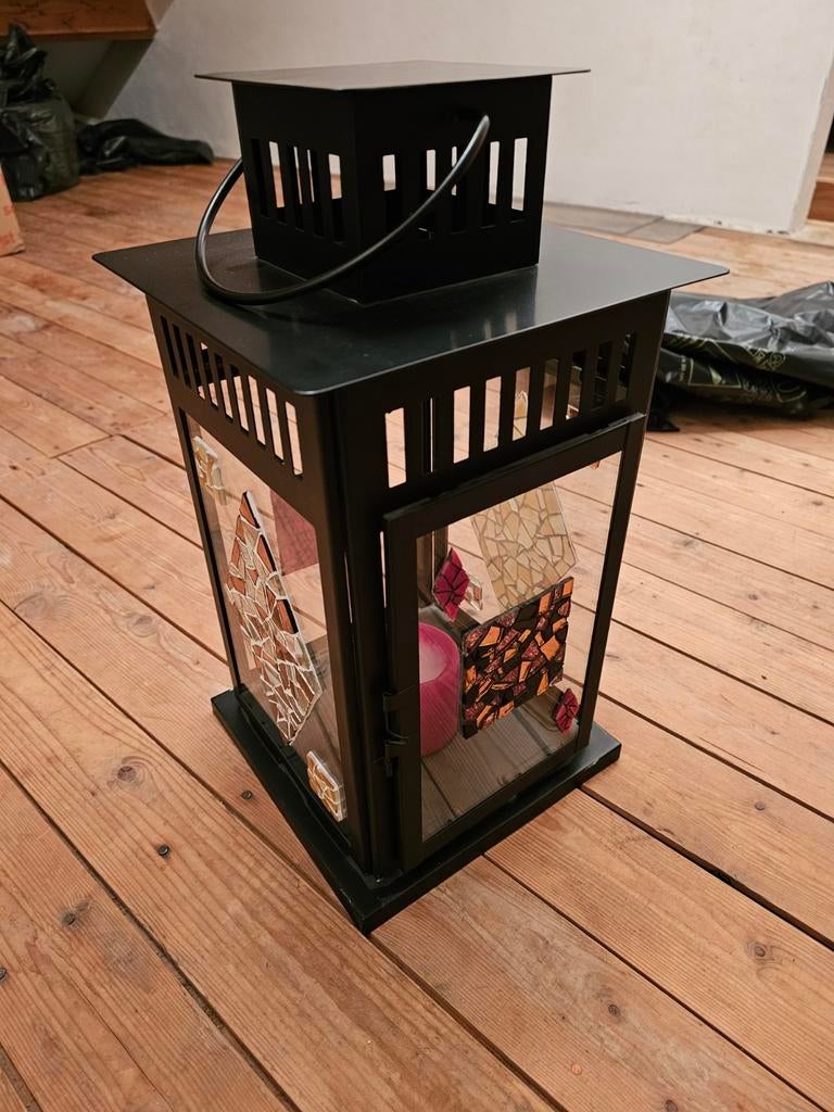 Windlicht zelf gemozaiekt  zwart metaal, Ophalen of Verzenden, Bruin, Metaal, 25 tot 50 cm