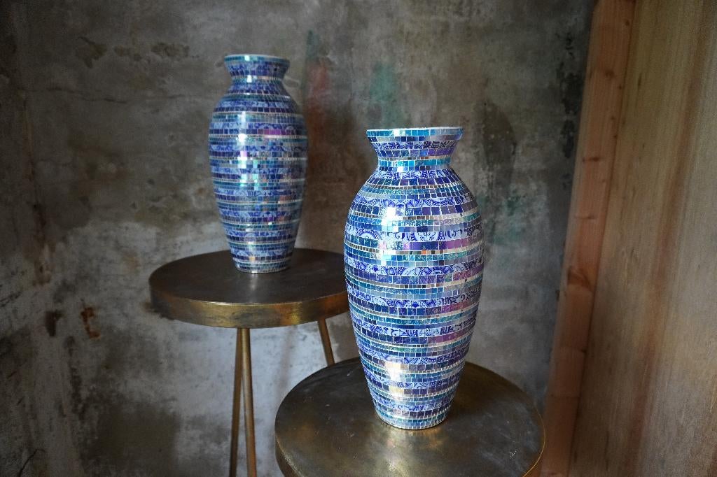 HD Living glazen vaas, mozaïek - Blauw, 40cm x 12cm - 2X, Ophalen, Na, Blauw, Na