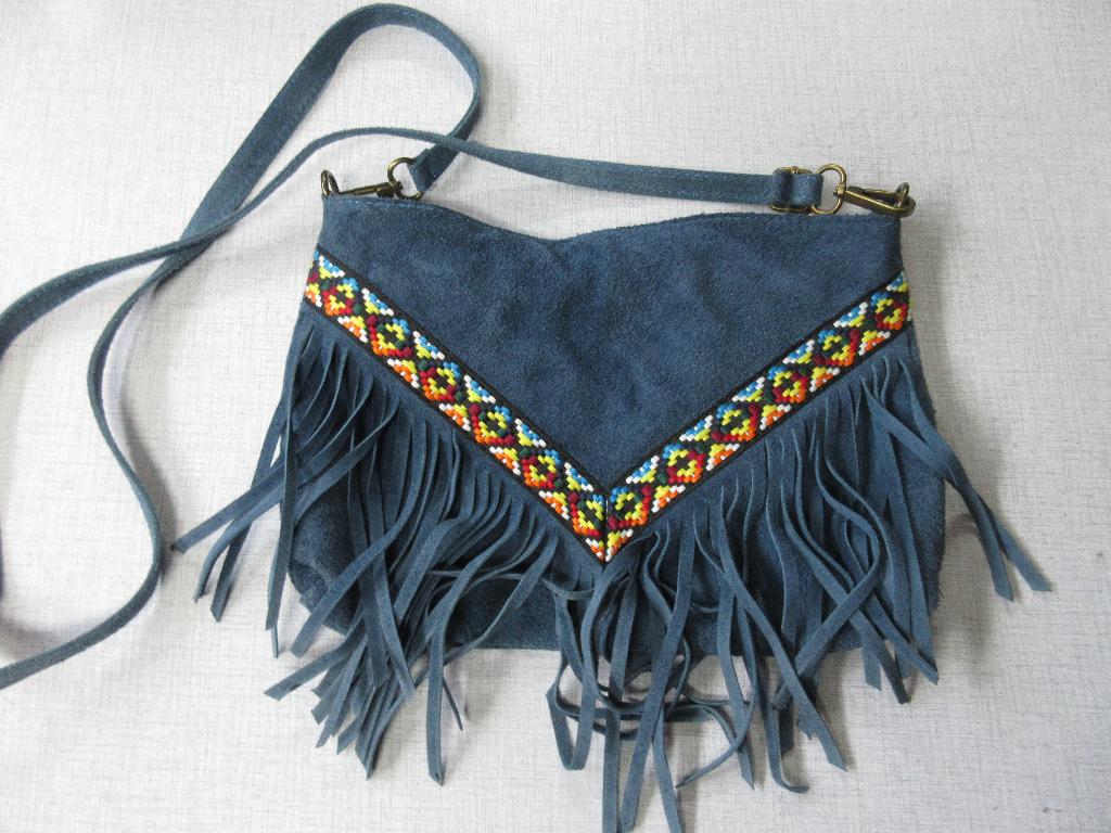 Blauw suede Italiaanse tas met franjes schoudertas, Ophalen of Verzenden, Gebruikt, Blauw, Schoudertasje