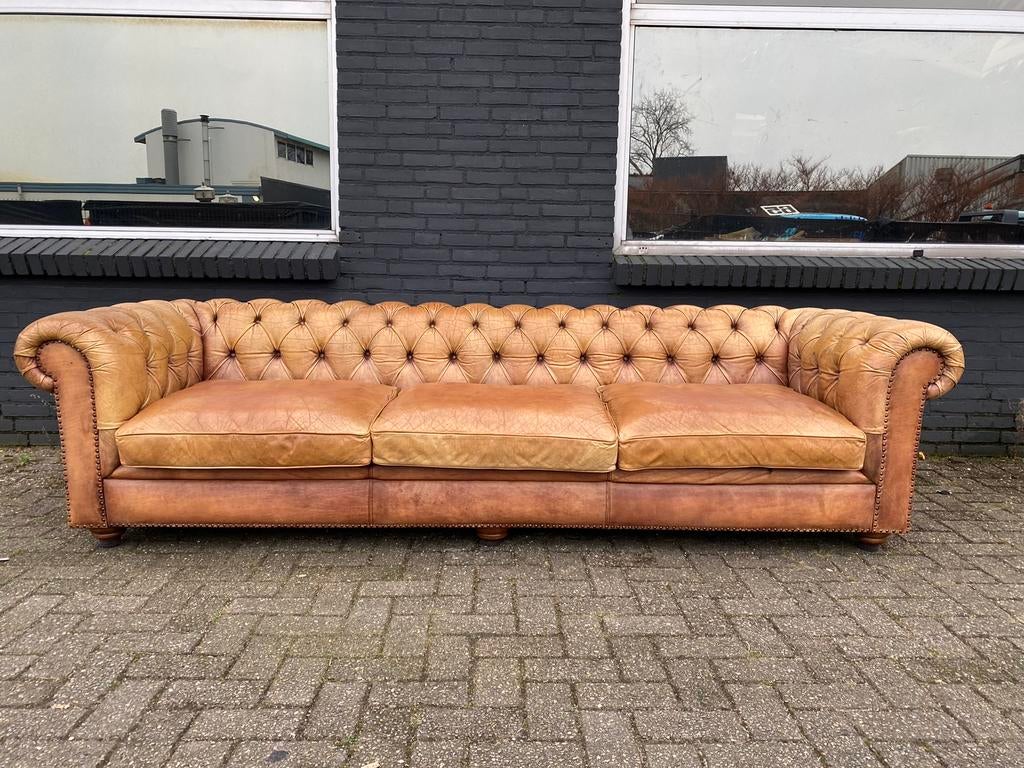XL Chesterfield bank cognag GRATIS BEZORGD, Ophalen of Verzenden, Zo goed als nieuw, Rechthoekig, Leer