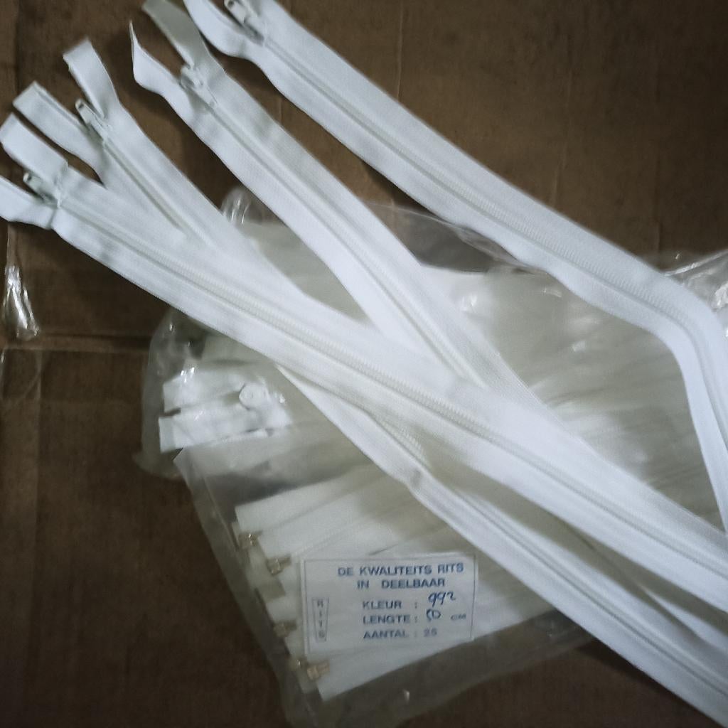 4 stuks, 50cm lange witte deelbare kwaliteitsritsen, Ophalen of Verzenden, Nieuw, Rits of Sluiting