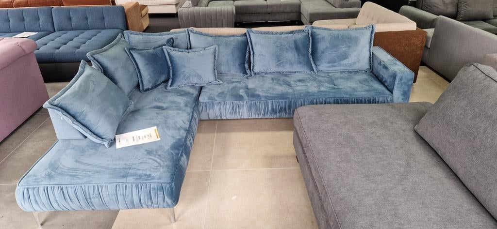 Nieuwe trendy hoekbank blauw velours bank xxl bankstel, 250 tot 300 cm, Hoekbank, Nieuw, Ophalen of Verzenden