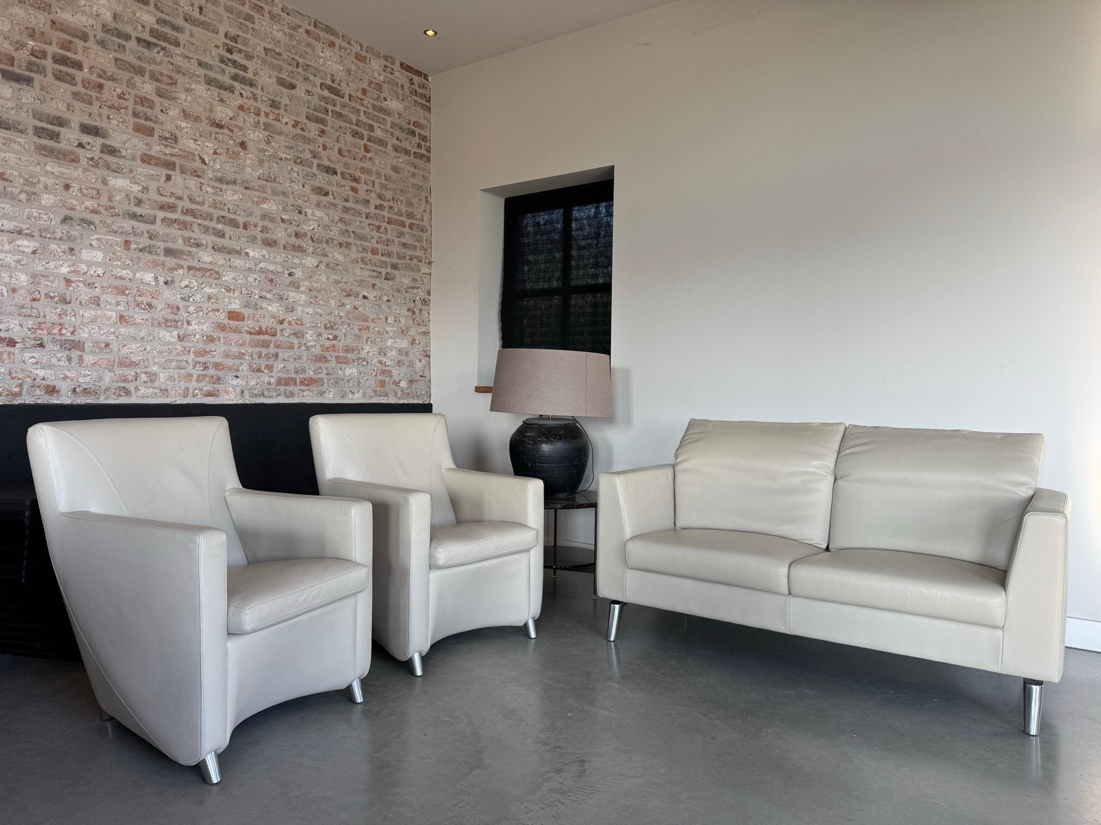 Leolux Bank en 2 Fauteuils -  als nieuw - leer - creme, Huis en Inrichting, X, 150 tot 200 cm, Tweepersoons, Ophalen of Verzenden