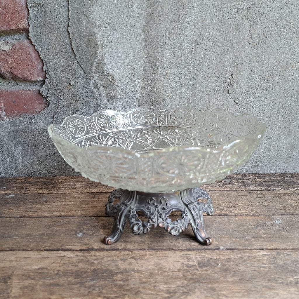 Oude Franse glazen schaal op koperen voet étagère *Etage3*, Gebruikt, ., Ophalen of Verzenden, .