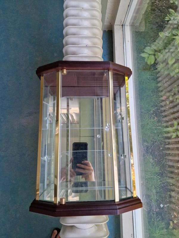 Vintage Wandvitrine Glas Messing Spiegel, Ophalen, Rechthoekig, Minder dan 50 cm