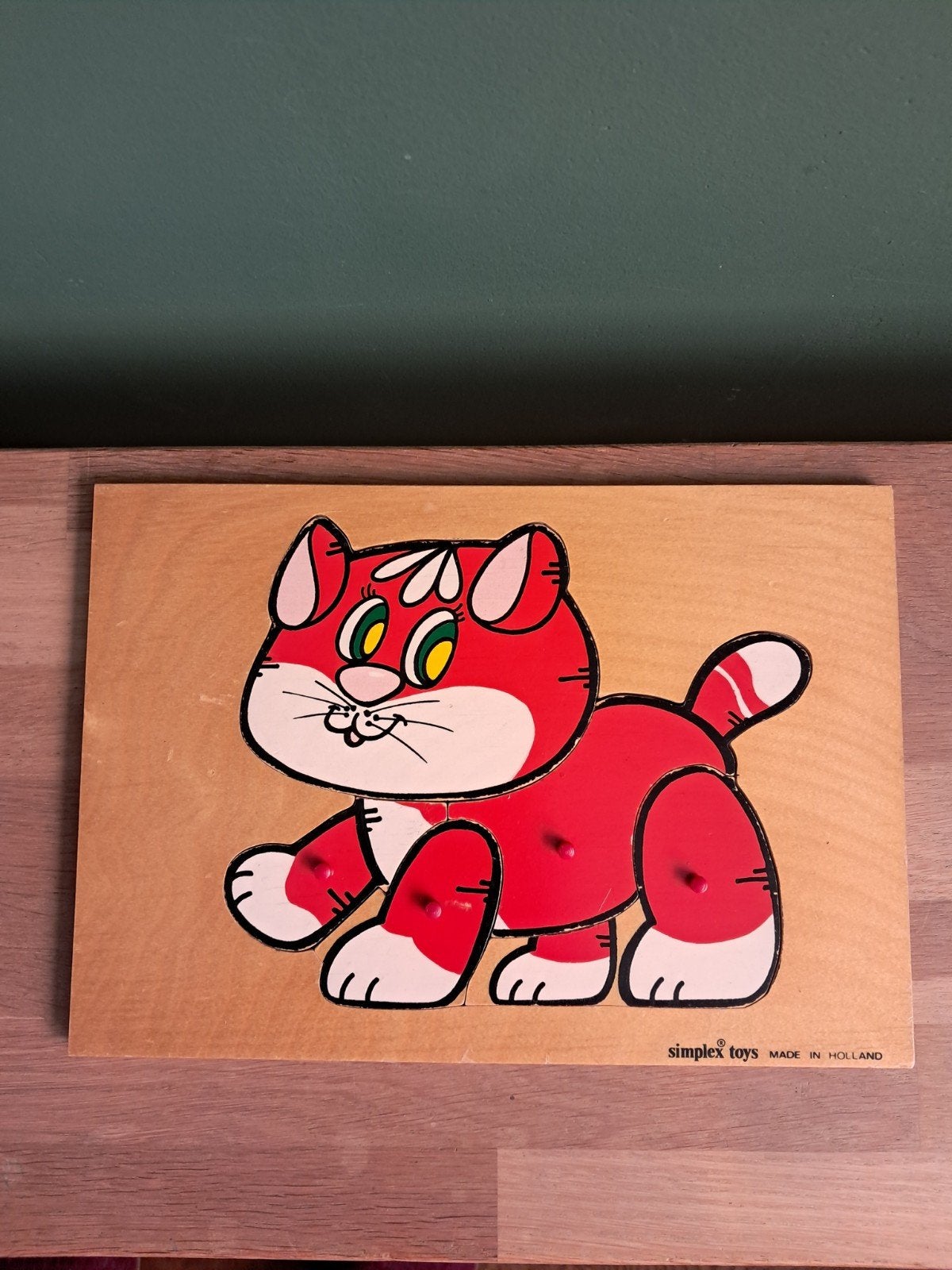 De Groene Merel houten puzzel simplex kat poes 5 noppen, Ophalen of Verzenden