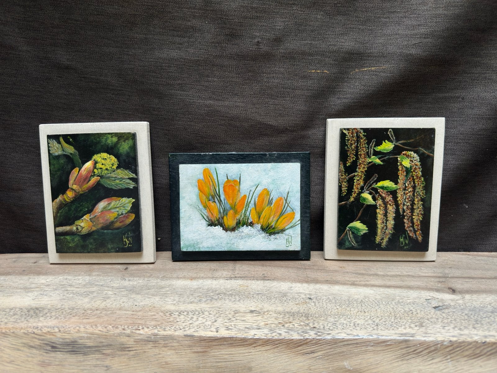 3 Fijn geschilderde schilderijtjes: Natuurtaferelen, Antiek en Kunst, Bloemen, Paneel, Realistisch, Ophalen of Verzenden