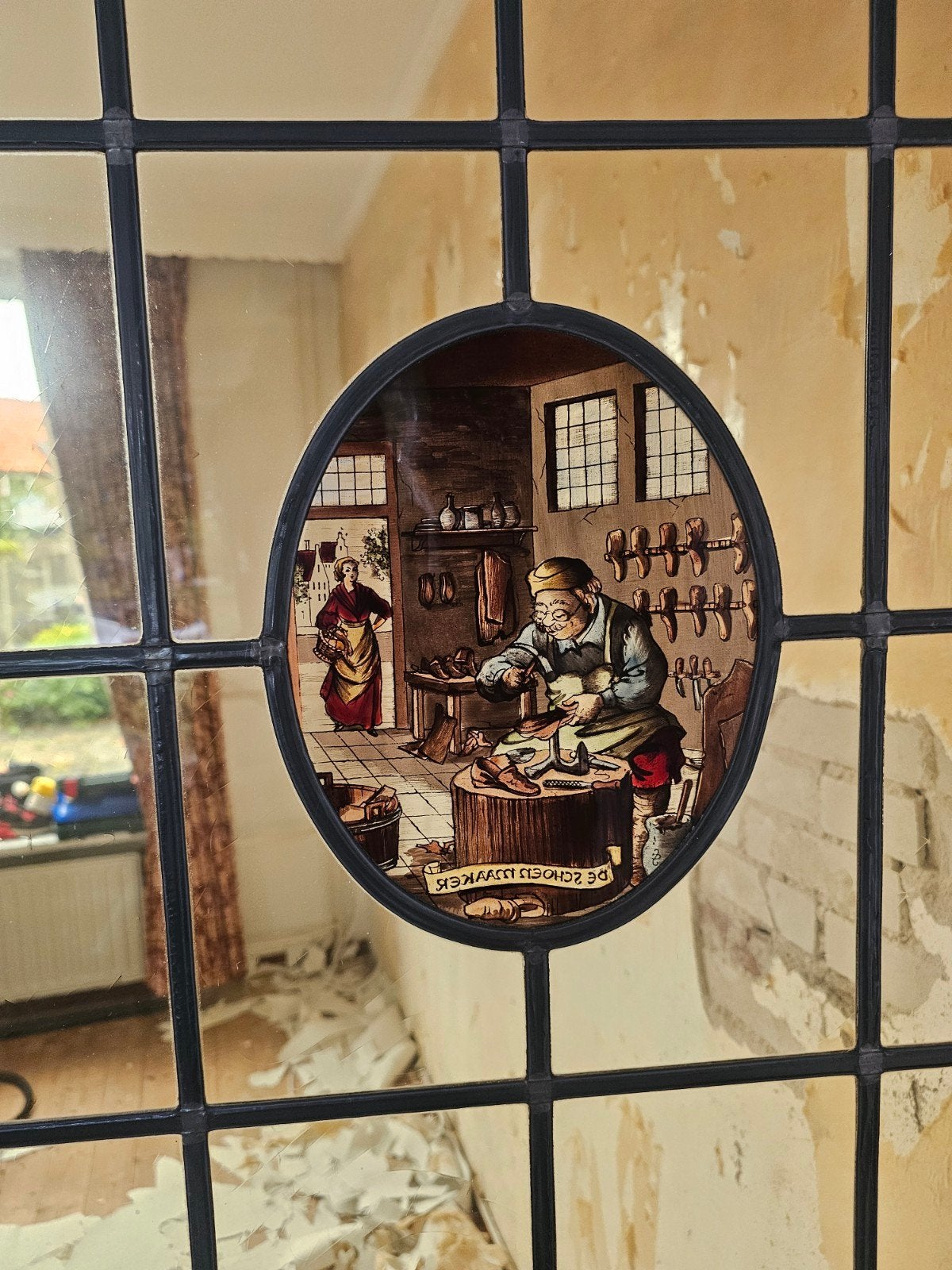 prachtig glas in lood raam met brandgeschilderd medaillon, Ophalen, Gebruikt, Glasplaat, Glas in lood