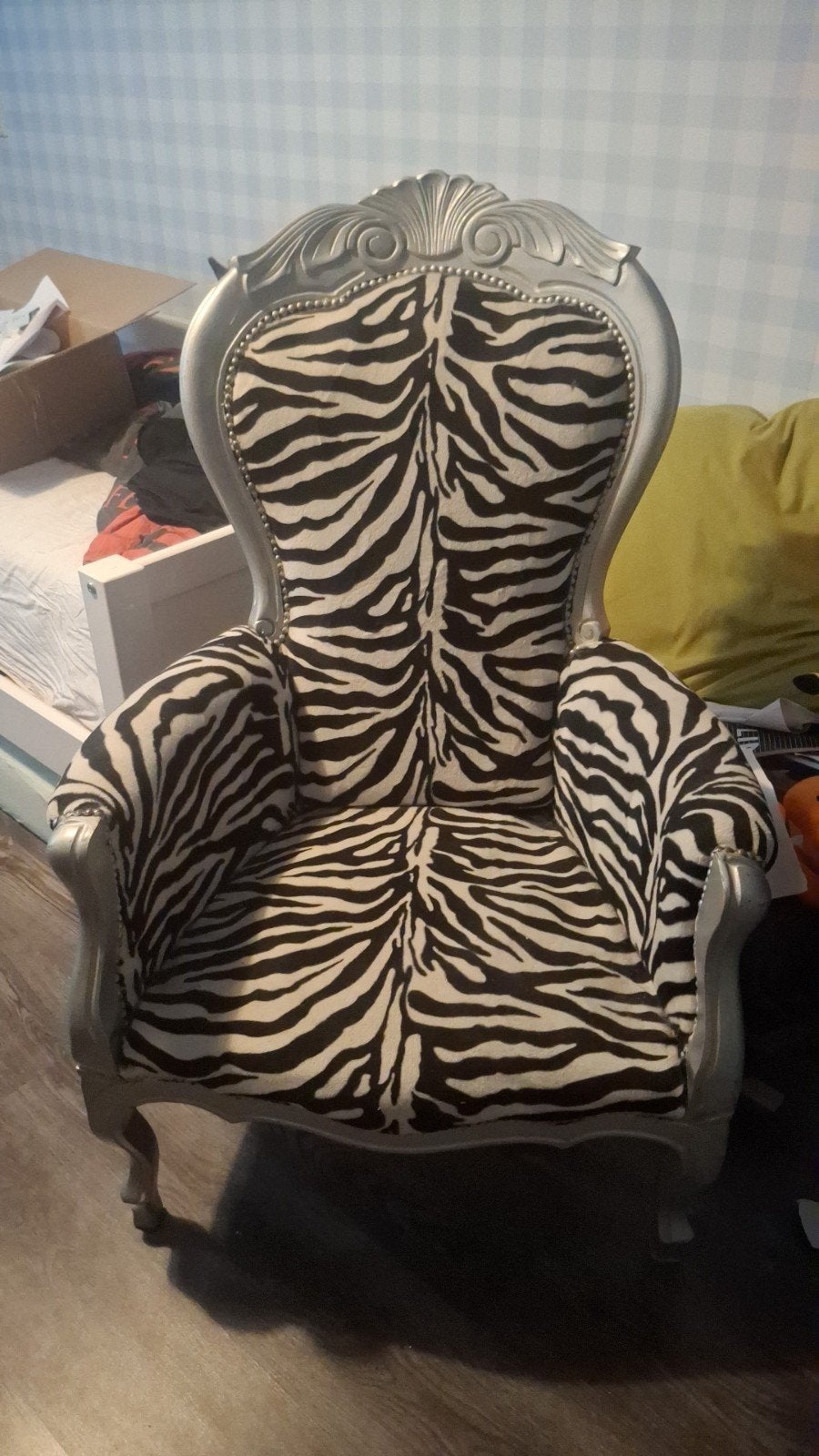 Barokke fauteuil met zebraprint - Zilverkleurig frame, Huis en Inrichting, Stoelen, Ophalen, Gebruikt, Zwart, Stof