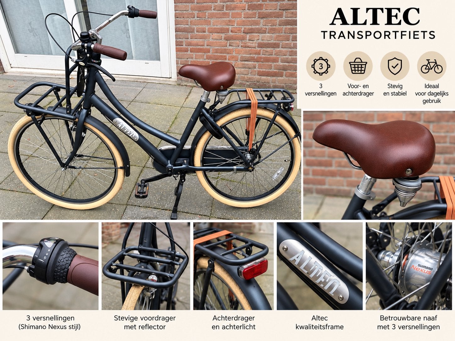 Altec Transportfiets – 3 versnellingen – Mat Zwart, Terugtraprem, Versnellingen, Zo goed als nieuw, 50 tot 53 cm