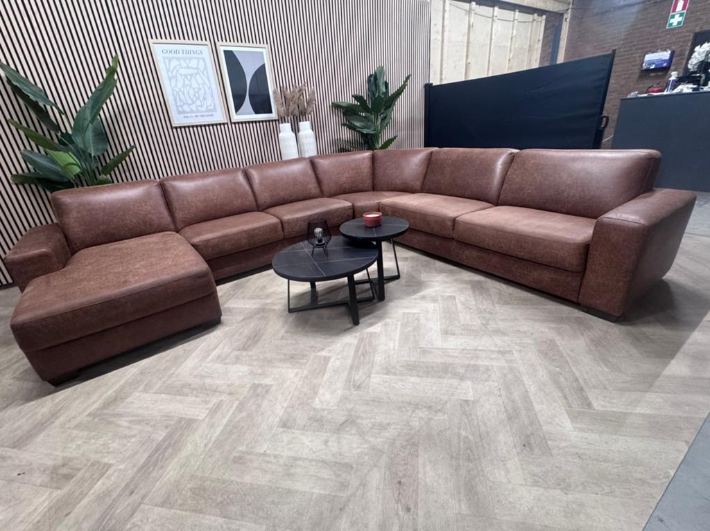 ZGAN Industriële U-Bank / Hoekbank - Cognac Bruin - 335cm, Modern industrieel cognac bruin u bank hoekbank microleer, -, -, Hoekbank