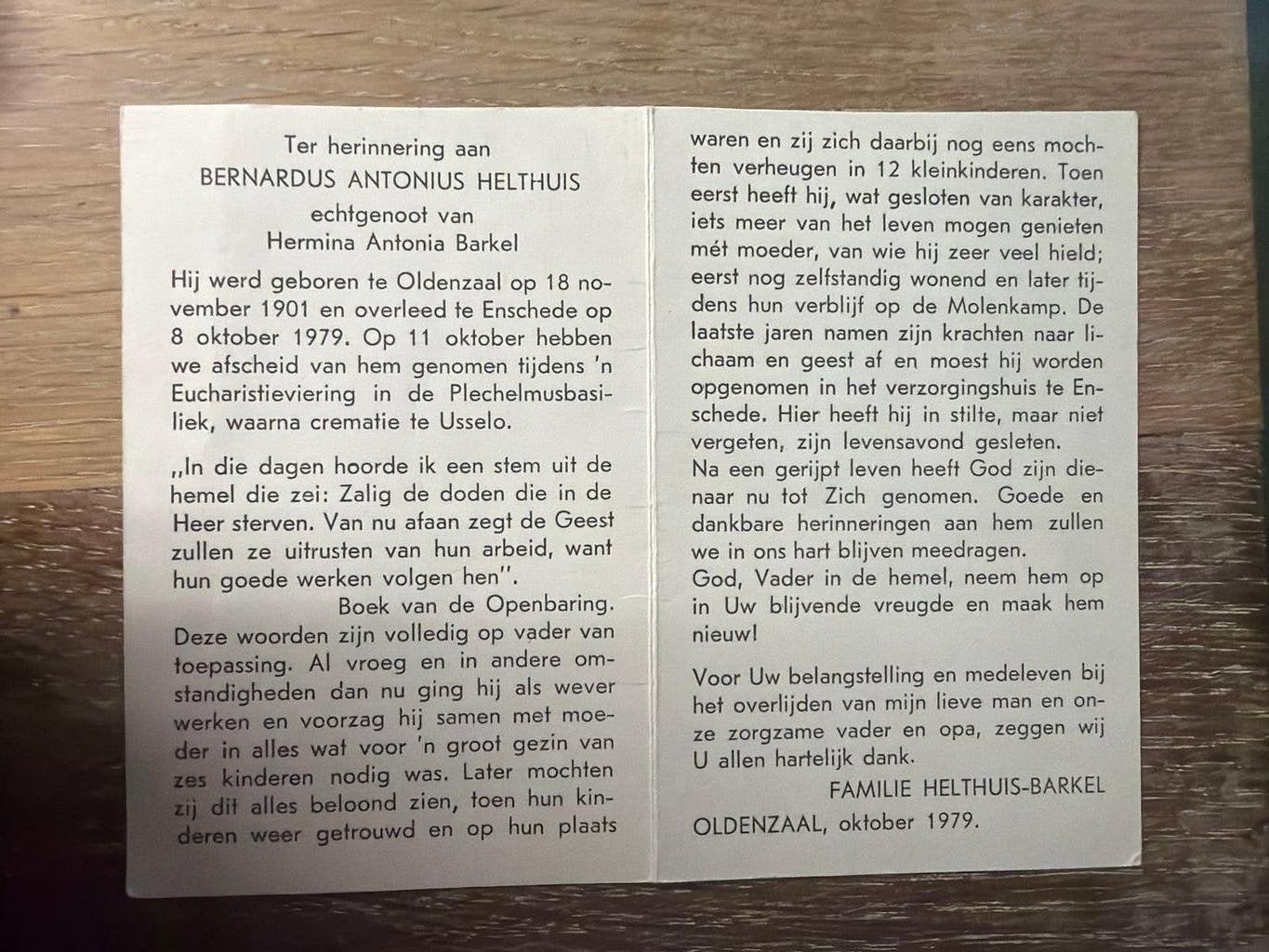 Helthuis Bernardus 1901 Oldenzaal 1979 Enschede x Barkel, Ophalen of Verzenden, Bidprentje