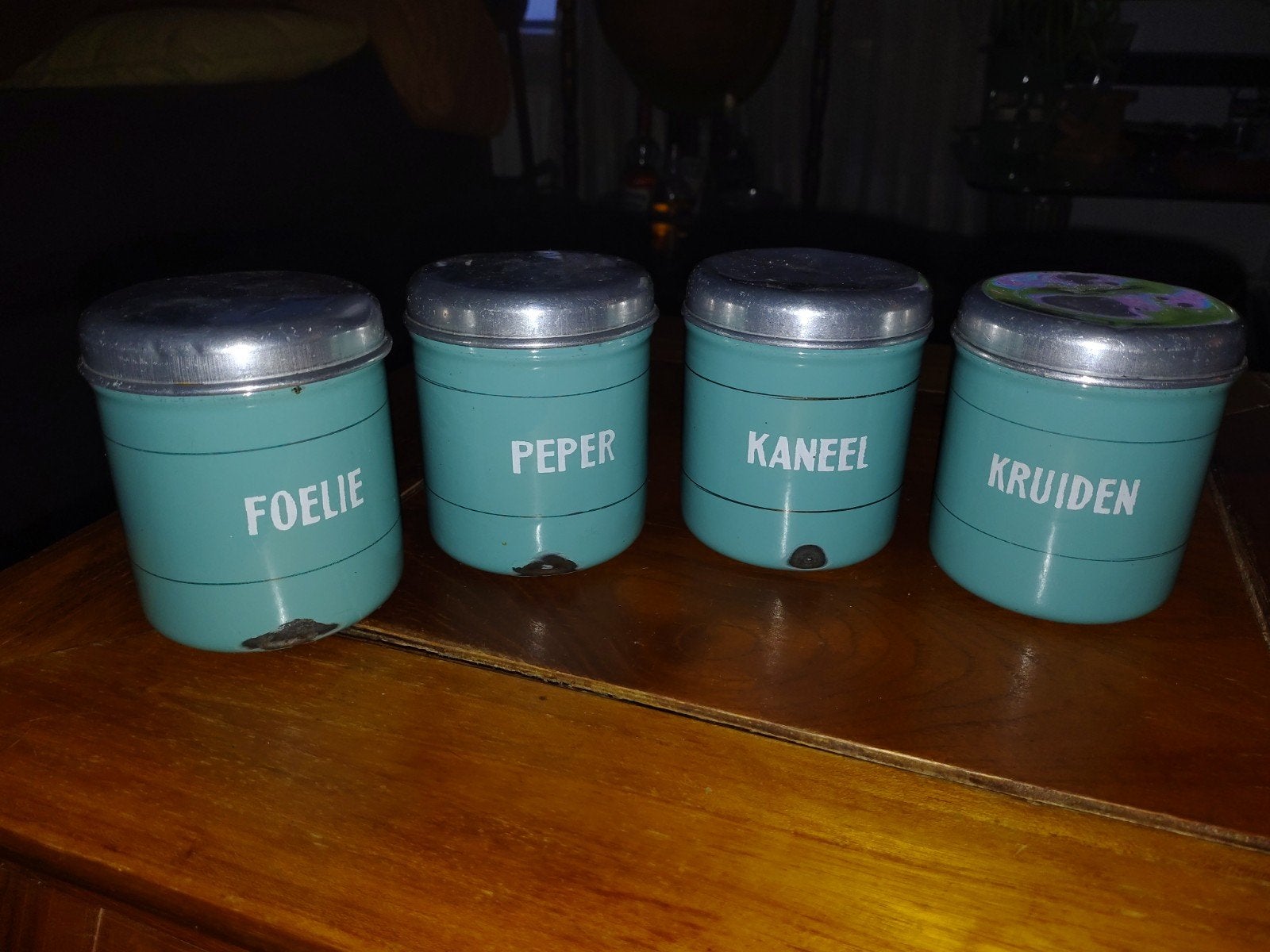 Vintage voorraadpotten set - Foelie, Peper, Kaneel, Kruiden, Ophalen of Verzenden