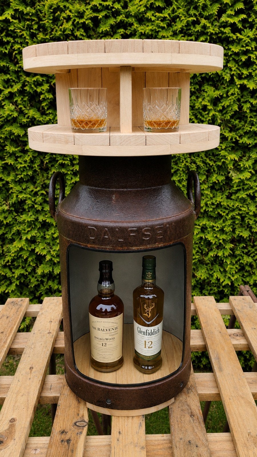 Industrieel whiskykastje/Bijzettafel van authentieke melkbus, Ophalen, Minder dan 55 cm, Gebruikt, Landelijk, Industrieel, Rustiek