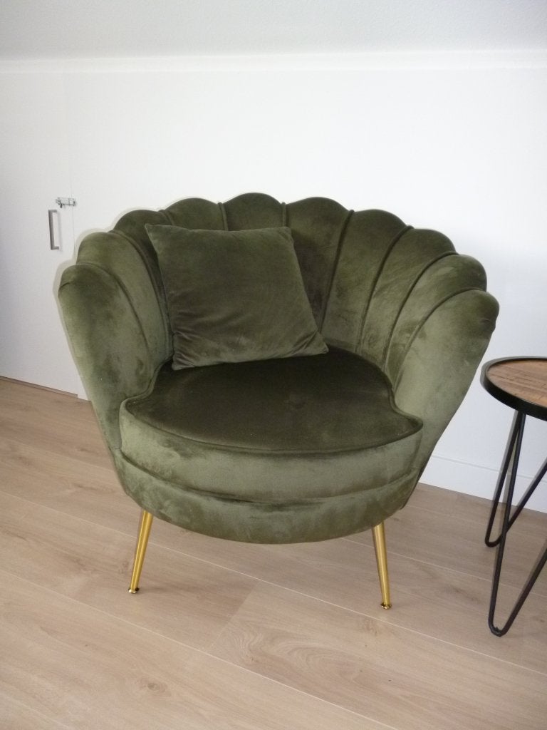 1 Fauteuil olijfgroen schelpvorm NIEUW, Huis en Inrichting, Fauteuils, Ophalen, Nieuw, 75 tot 100 cm, Stof