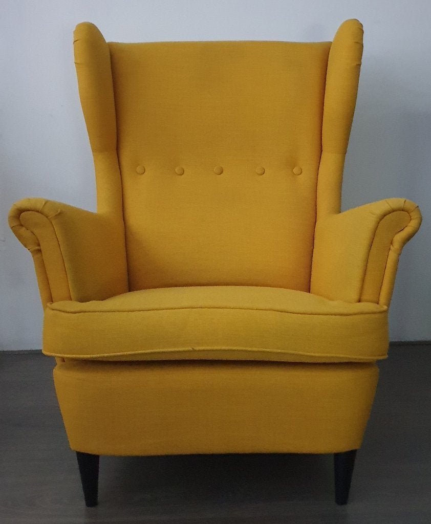 Oorfauteuil inclusief voetenbank, okergeel, Huis en Inrichting, Fauteuils, Ophalen, Overige materialen, Gebruikt, 75 tot 100 cm