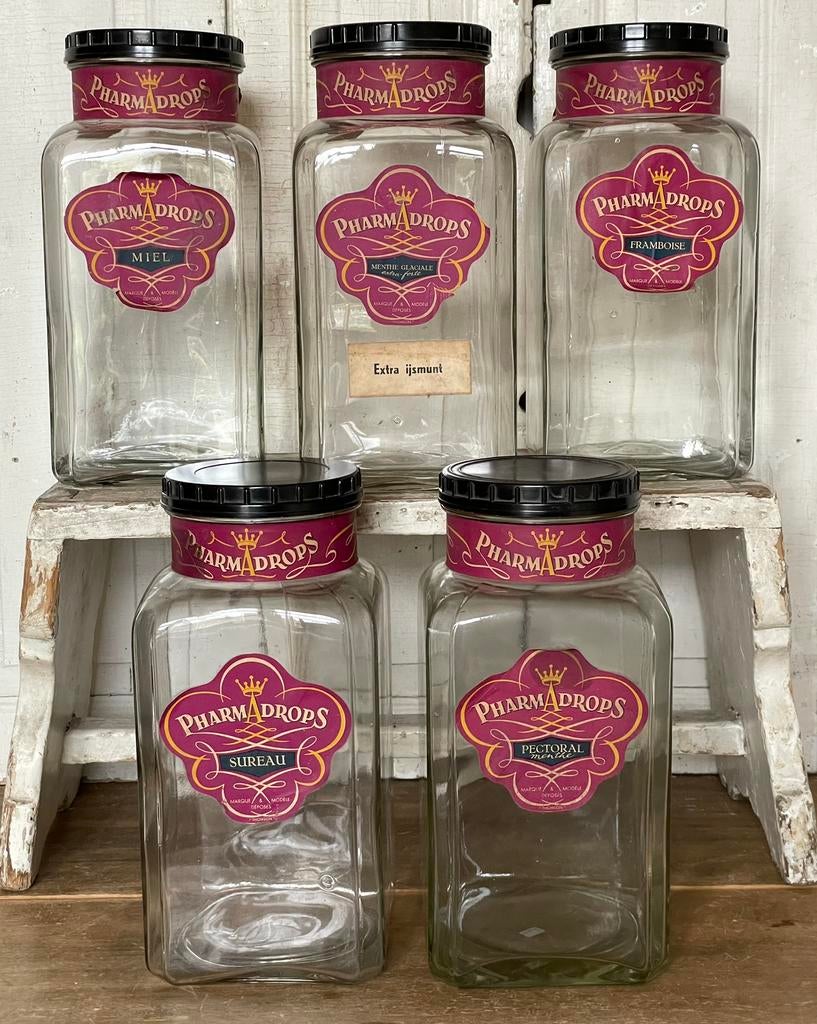 Brocante oude glazen snoeppot met etiket, Ophalen of Verzenden