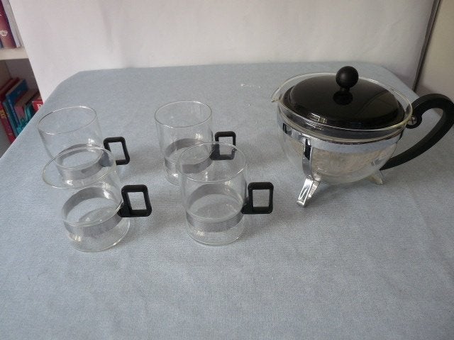 Bodum chambord zwarte theepot met 4 theeglazen, Huis en Inrichting, Theepot/fluitketel, Glas, Bodum, Ophalen of Verzenden