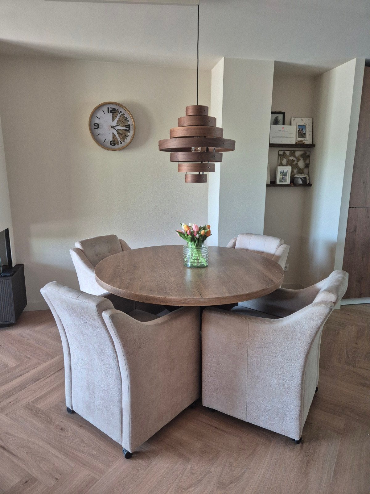 Eetkamerstoelen met wieltjes, microvezel, zand beige, Huis en Inrichting, Stoelen, Ophalen, Modern, Comfortabel, Gebruikt, Overige kleuren