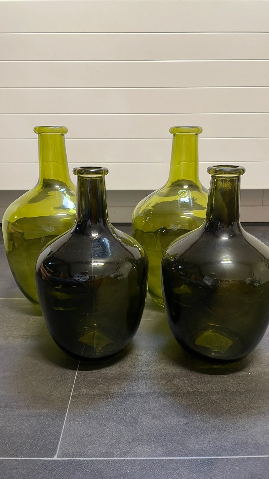 4 groene glazen kruikvazen en 4 textiel bloempot tasjes, Ophalen, Zo goed als nieuw, Groen, Glas